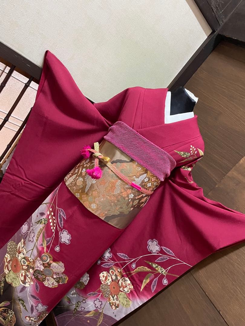 振袖 フルセット6点サイズM〜Ｌ刺繍　吉祥花蝶文　暈し染め　金糸　金彩　正絹