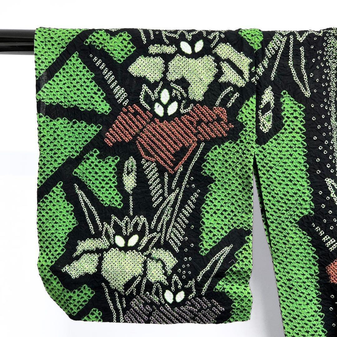 浴衣　有松鳴海絞り　菖蒲　花模様　グリーン　　着物　055w p