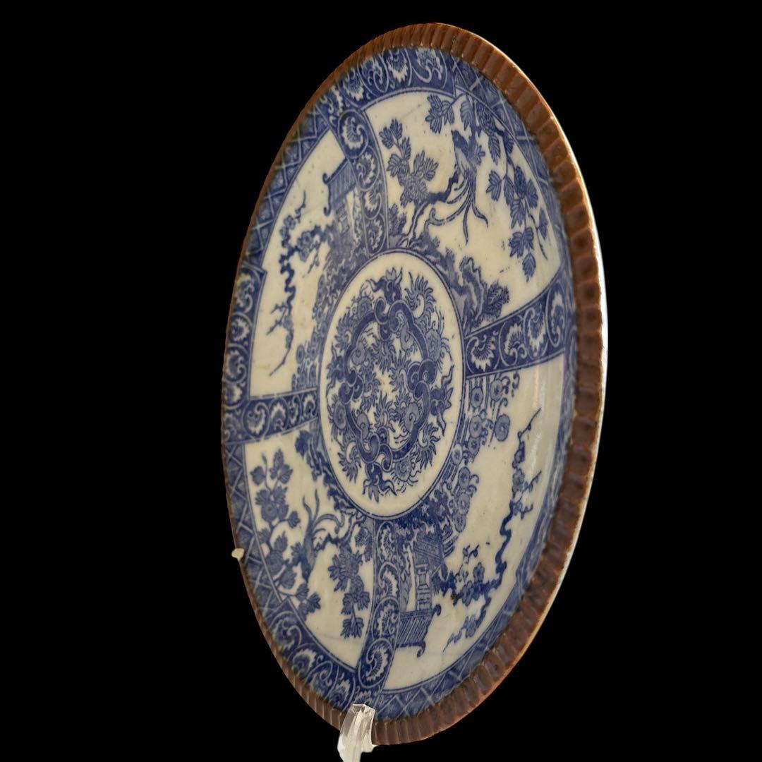 伊万里 有田 染付 印判手 中皿 割付文 楼閣山水 花枝 花唐草 見込唐草丸