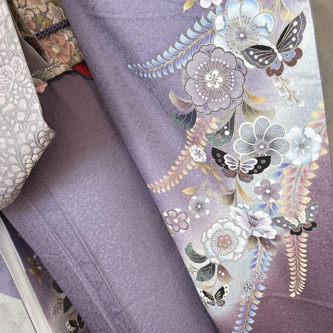 振袖　フルセット　正絹　辻が花　帯　襟　レース　薄紫　成人式　m3