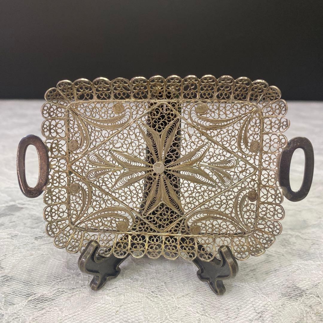 アンティーク　シルバー　800 トレー　銀線細工の可愛いミニチュアトレイ