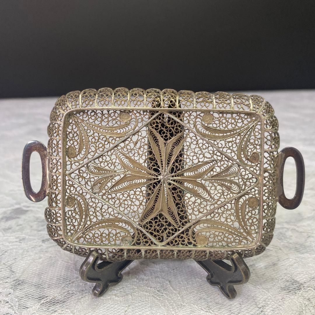 アンティーク　シルバー　800 トレー　銀線細工の可愛いミニチュアトレイ