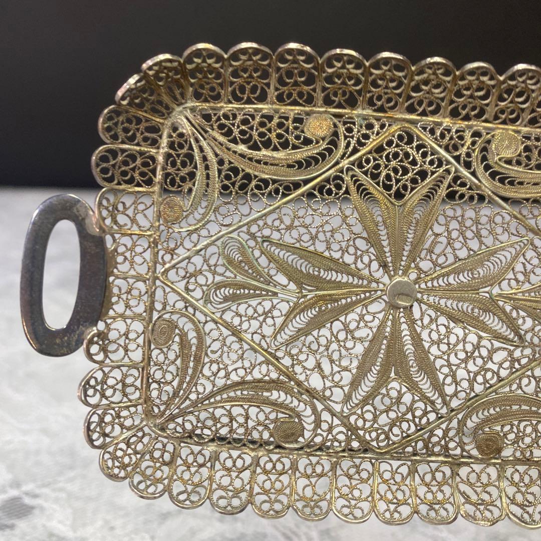 アンティーク　シルバー　800 トレー　銀線細工の可愛いミニチュアトレイ