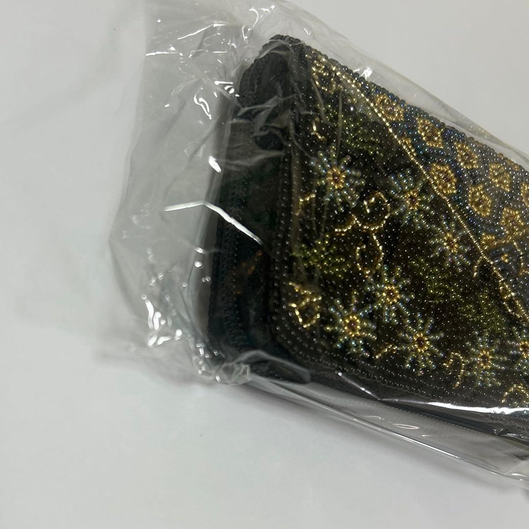 新品未使用 柏ビーズ ラウンド小財布099黒帯柄ビーズ刺繍