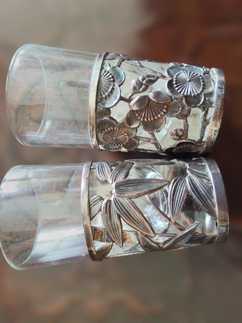 和製、シルバー、ガラス、酒器、2点セット、梅、笹