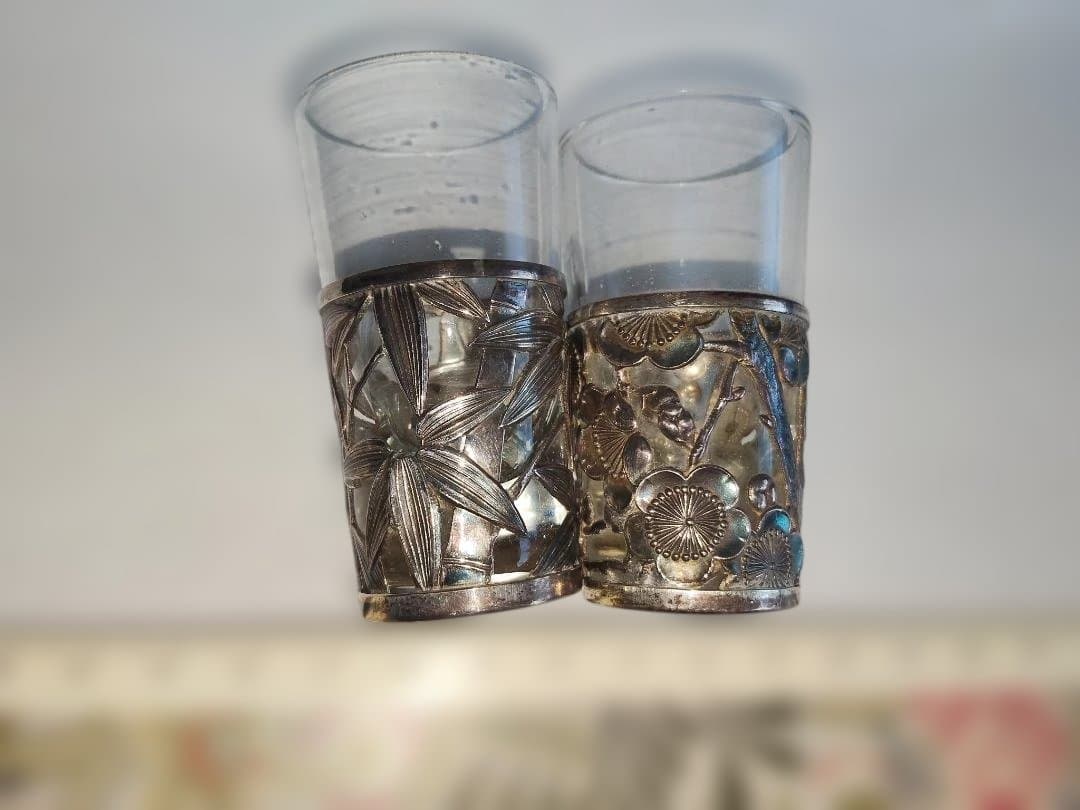 和製、シルバー、ガラス、酒器、2点セット、梅、笹