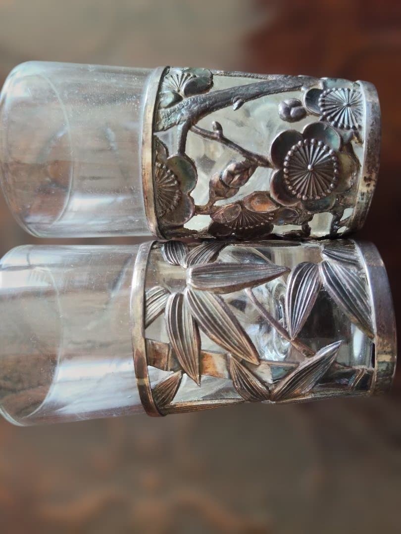 和製、シルバー、ガラス、酒器、2点セット、梅、笹