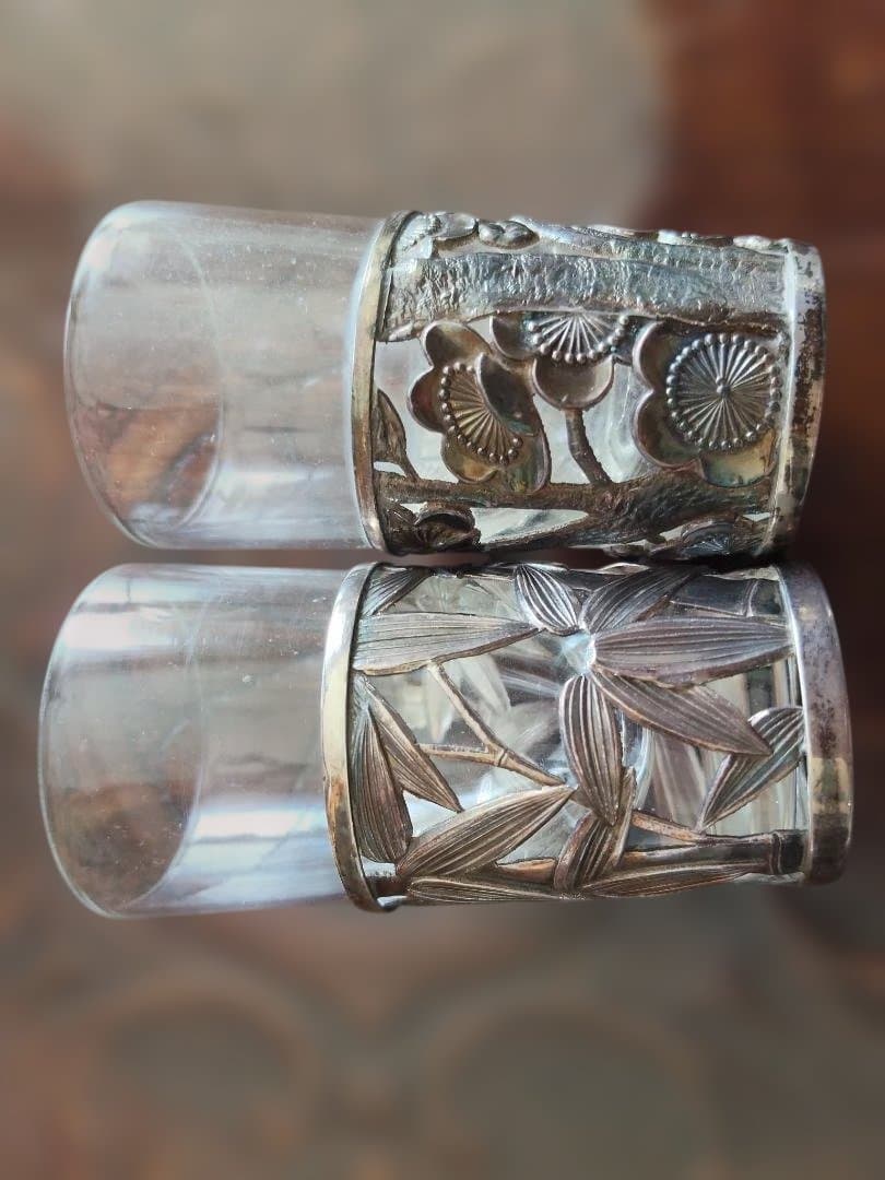 和製、シルバー、ガラス、酒器、2点セット、梅、笹