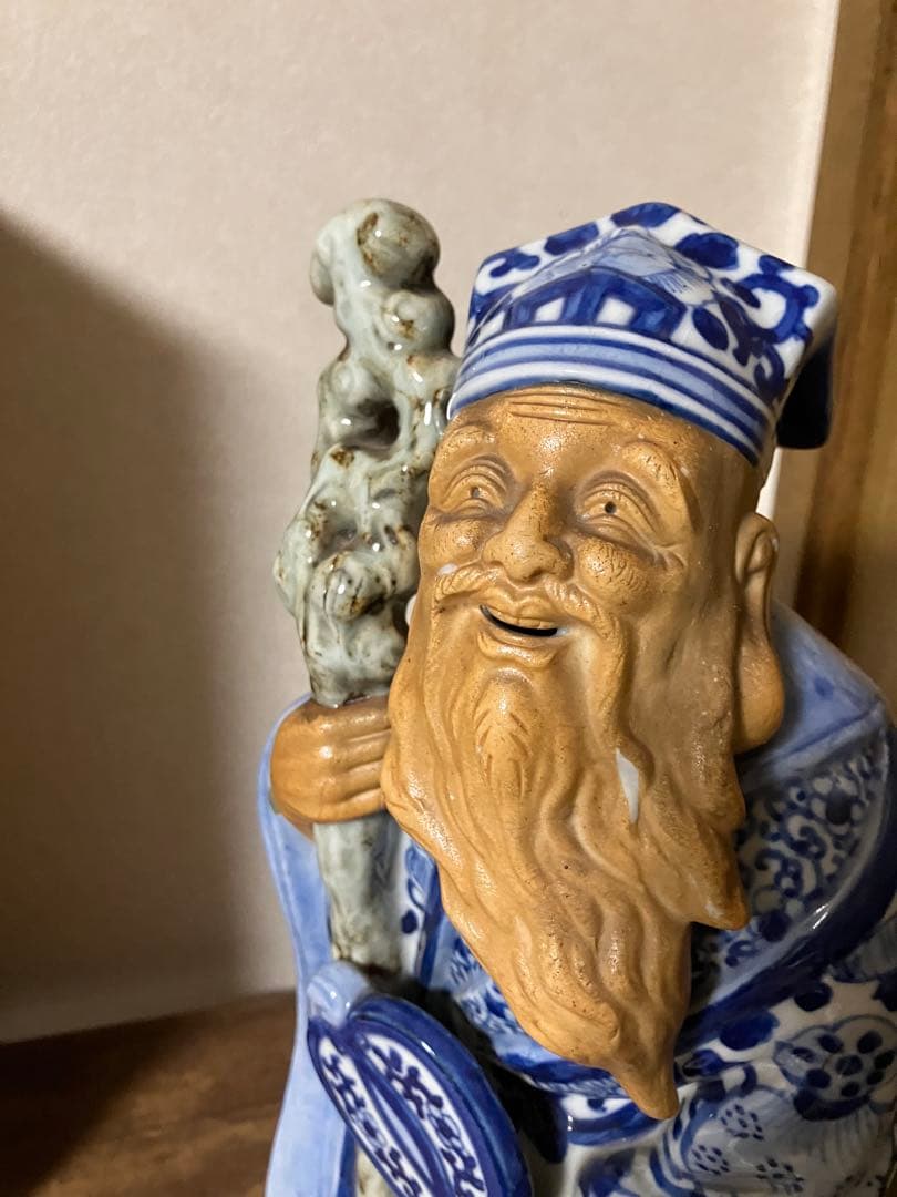 骨董）九谷焼 巨大陶器製　染付　七福神 寿老人 福禄寿　縁起物 置物　オブジェ