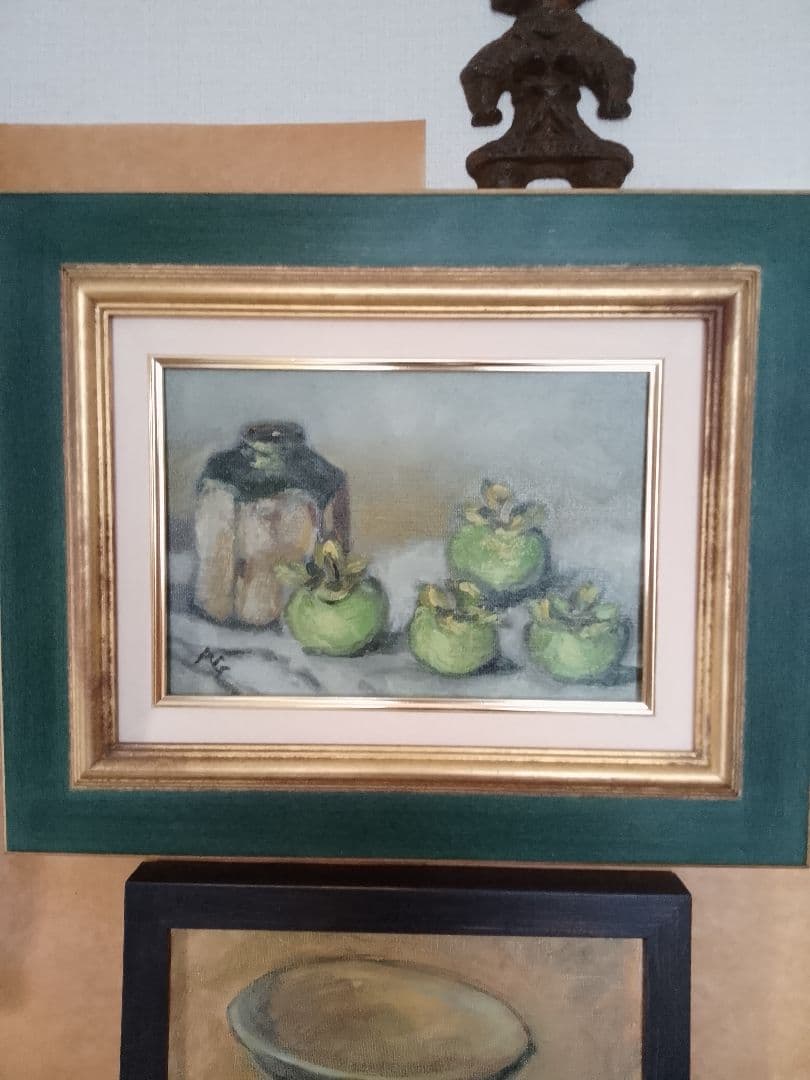 果物の静物 油彩画 緑と金のフレーム