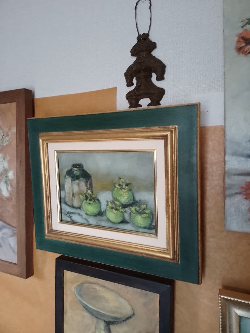 果物の静物 油彩画 緑と金のフレーム