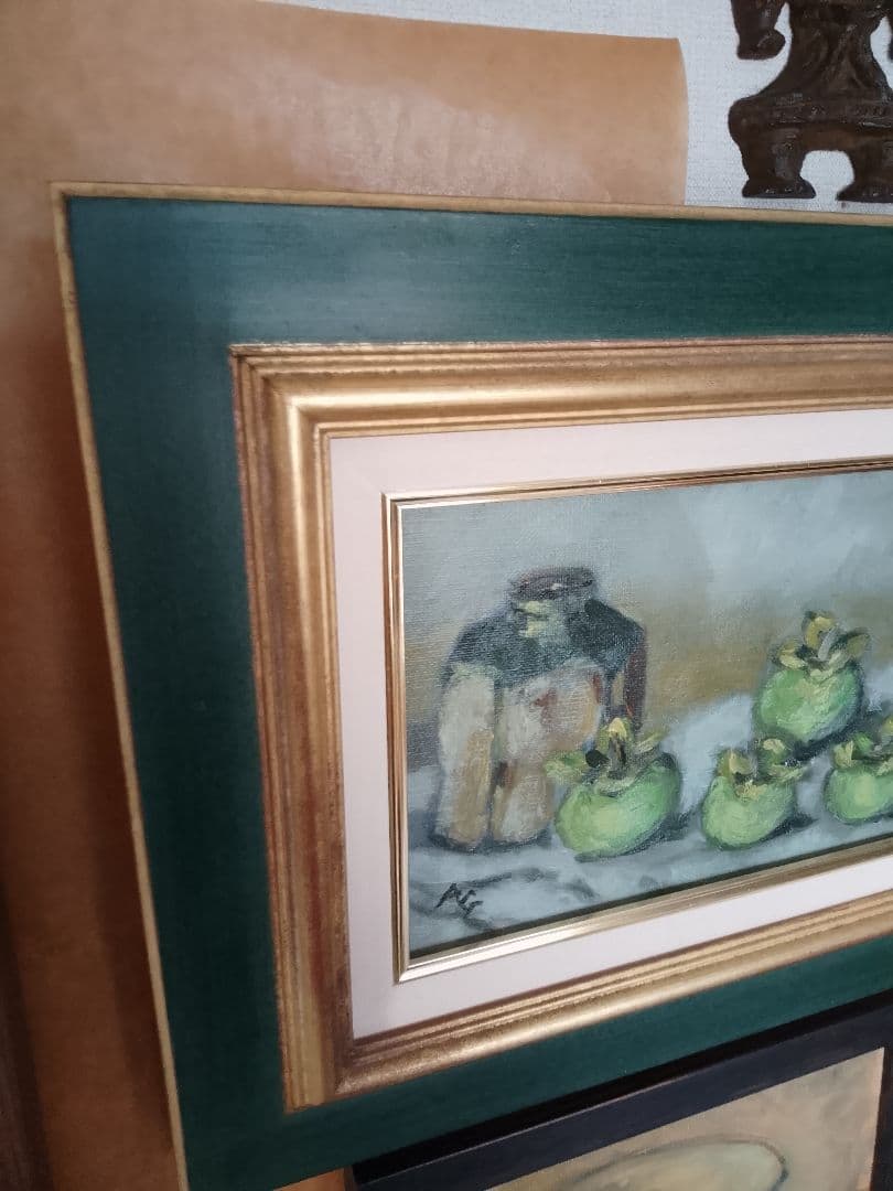 果物の静物 油彩画 緑と金のフレーム