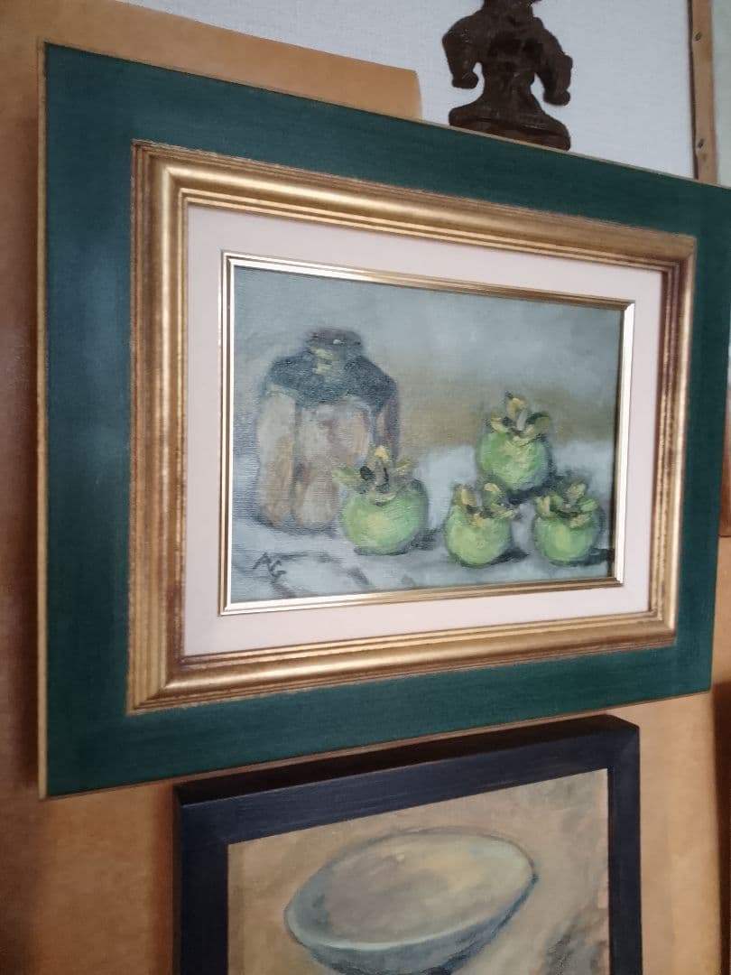 果物の静物 油彩画 緑と金のフレーム