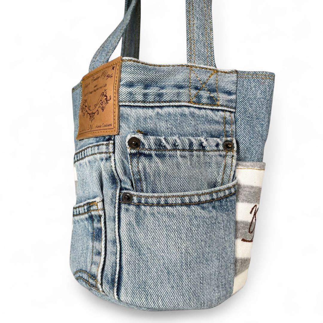 【美品】ルシアンエサヨ キャリーバッグ ハンド デニム バケツ型 リメイク