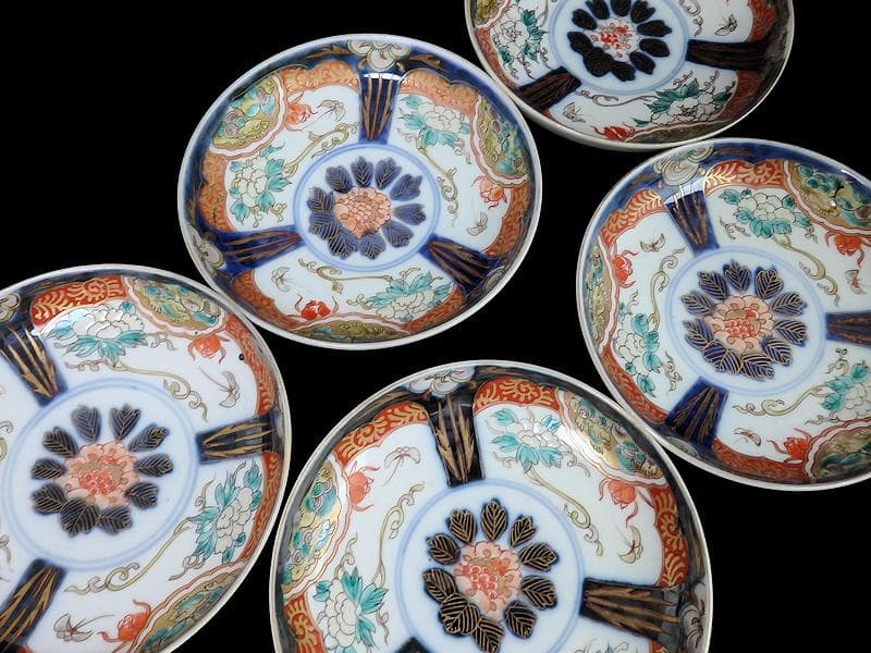 古伊万里　色絵　団龍紋に牡丹の図　5寸皿　5枚　D466AS-fbtk