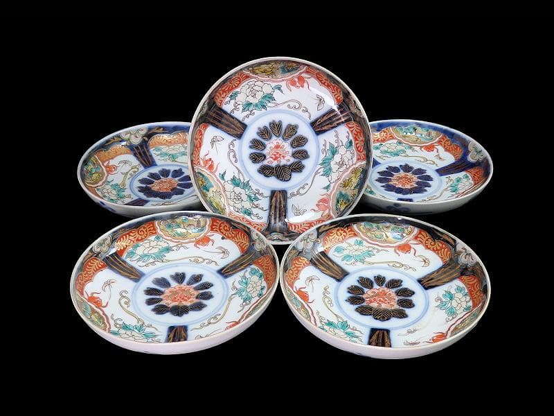 古伊万里　色絵　団龍紋に牡丹の図　5寸皿　5枚　D466AS-fbtk