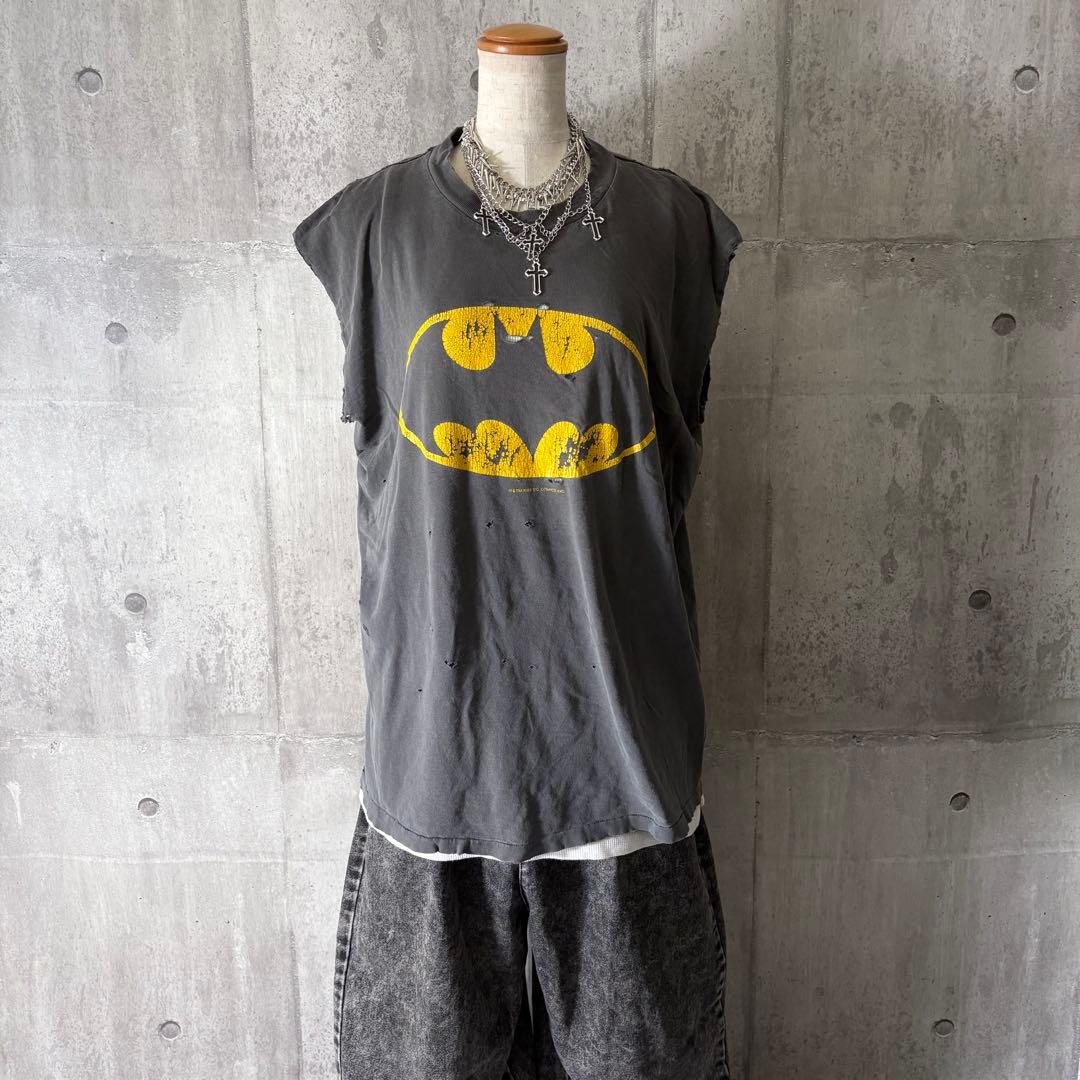 80s バットマン ノースリーブTシャツ 鬼フェード ダメージ ボロ y2k