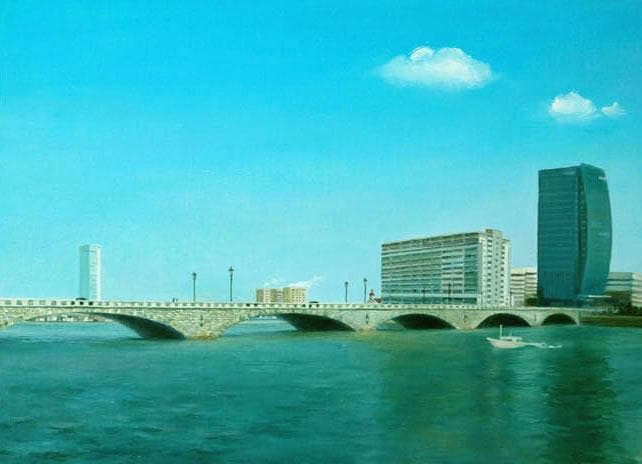 油絵 菅家令子 絵 絵画インテリア額付(黒) F6-080214 風景万代橋新潟