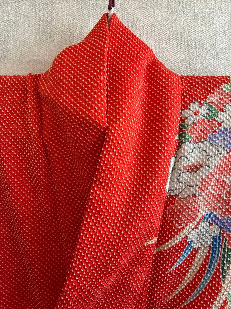 【逸品】藤娘きぬたや　総絞り　振袖　橙色　裄64 長襦袢　刺繍半襟(さんび)付き