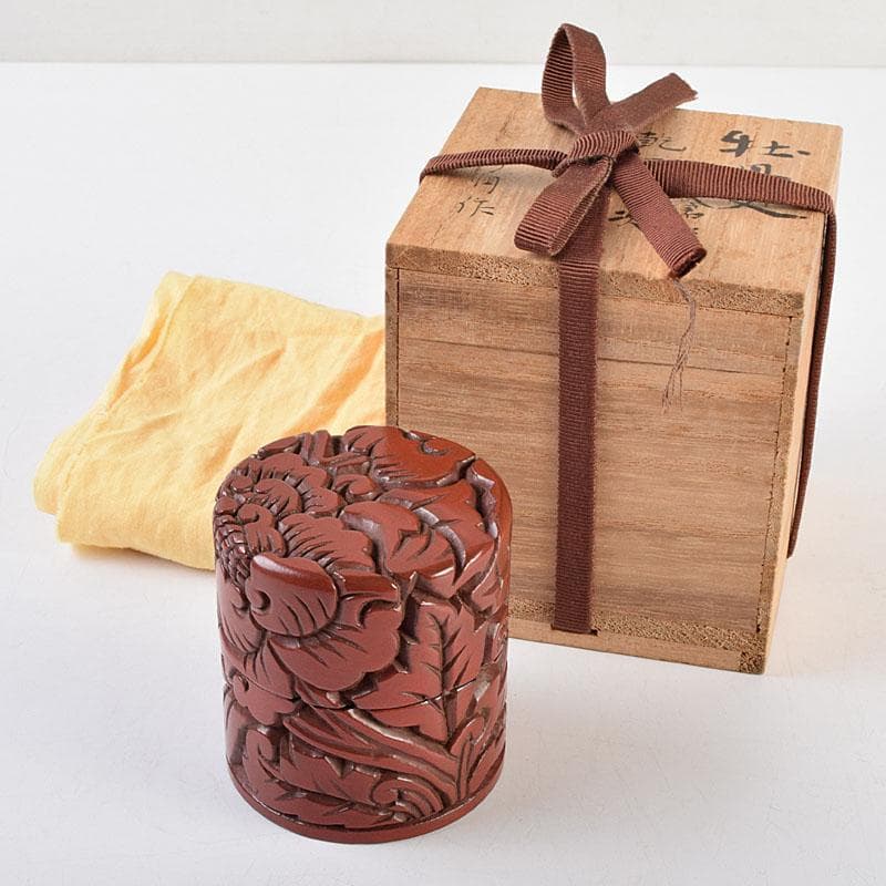 茶道具　秀円作　鎌倉彫　牡丹文　乾口中次　棗　時代箱　V　R9438