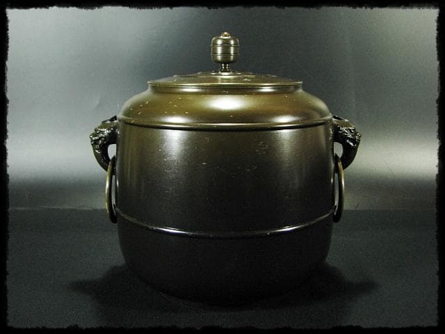 メル84937！唐銅 皆具 一揃 八尾 祥栄 鬼面耳付水指 建水杓立f68