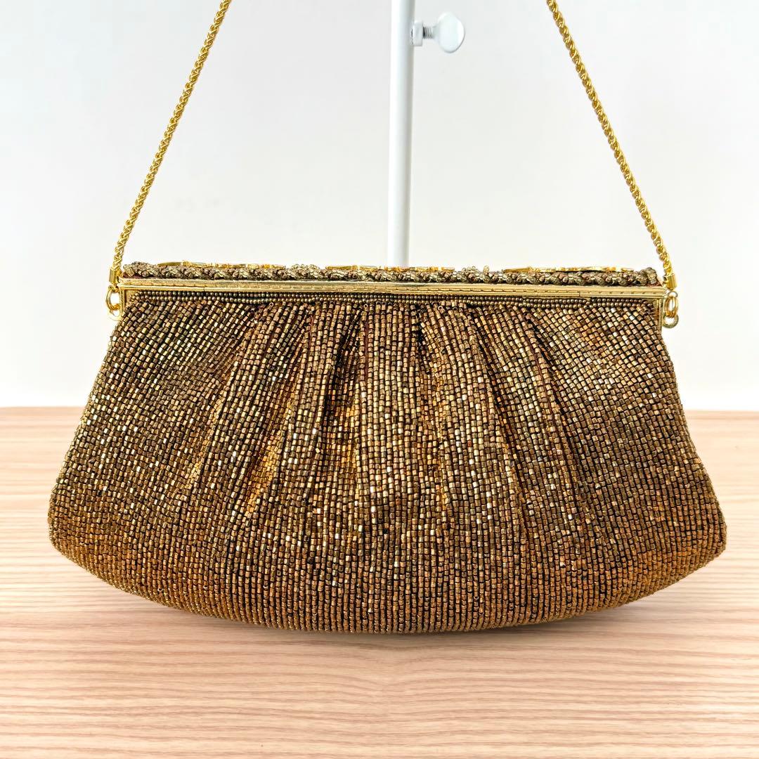 【激レア✨️】ルミーはしもと 花柄 ビーズバッグ チェーンクラスプバッグ ブロンズ