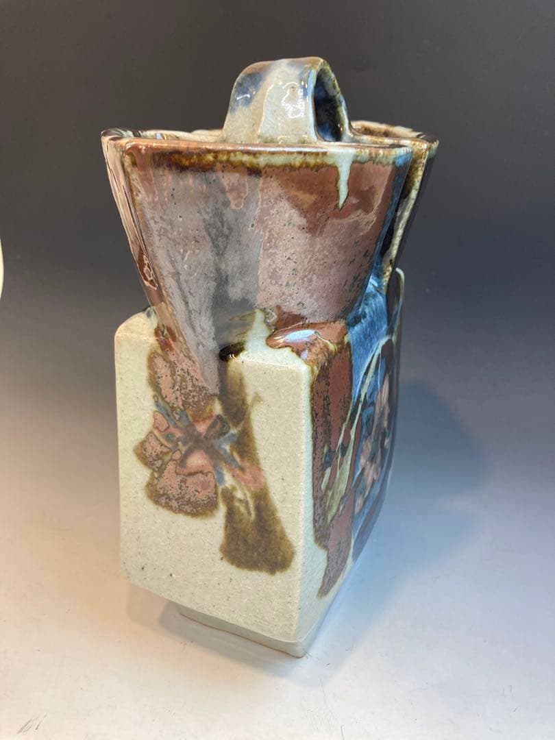 河井武一 作 花紋三色流扁壷 共箱 高さ27cm 河井寛次郎の甥・一番弟子