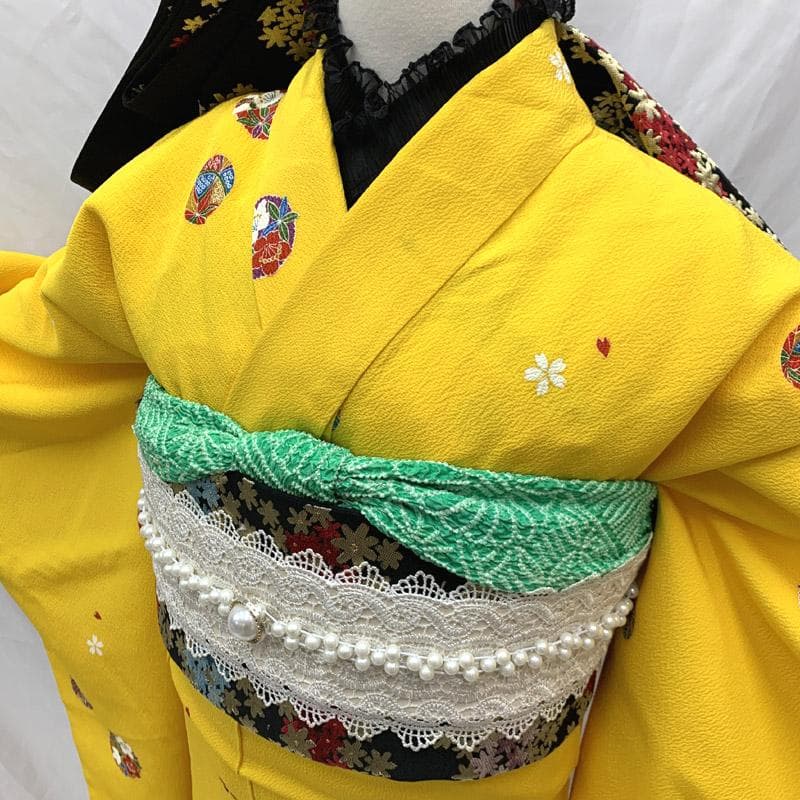 508aj27■ジュニア着物 十三参り 卒業式 縮緬 鞠 黄色 推し色■美品