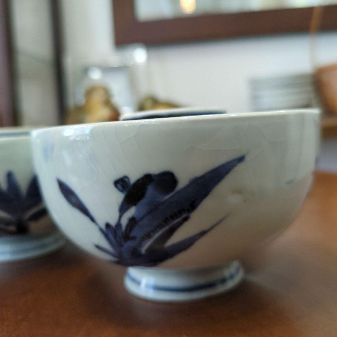 骨董　古伊万里　染め付け　蓋付き　茶碗　向付　アンティーク　5つ