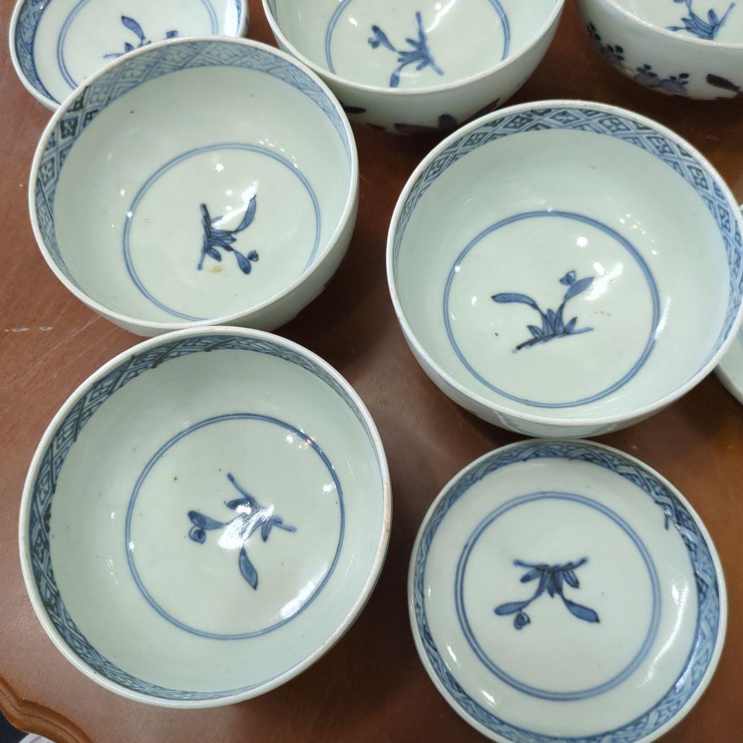 骨董　古伊万里　染め付け　蓋付き　茶碗　向付　アンティーク　5つ