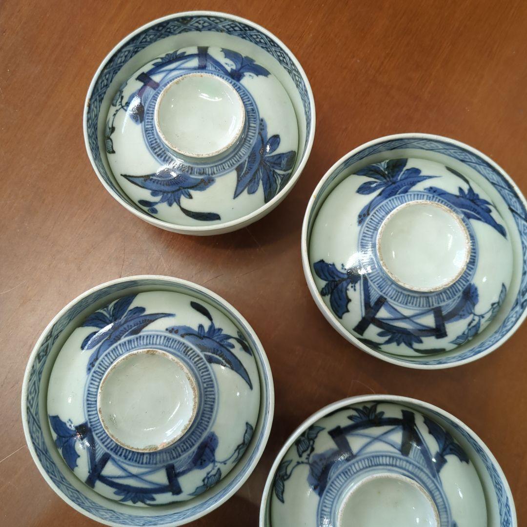 骨董　古伊万里　染め付け　蓋付き　茶碗　向付　アンティーク　5つ