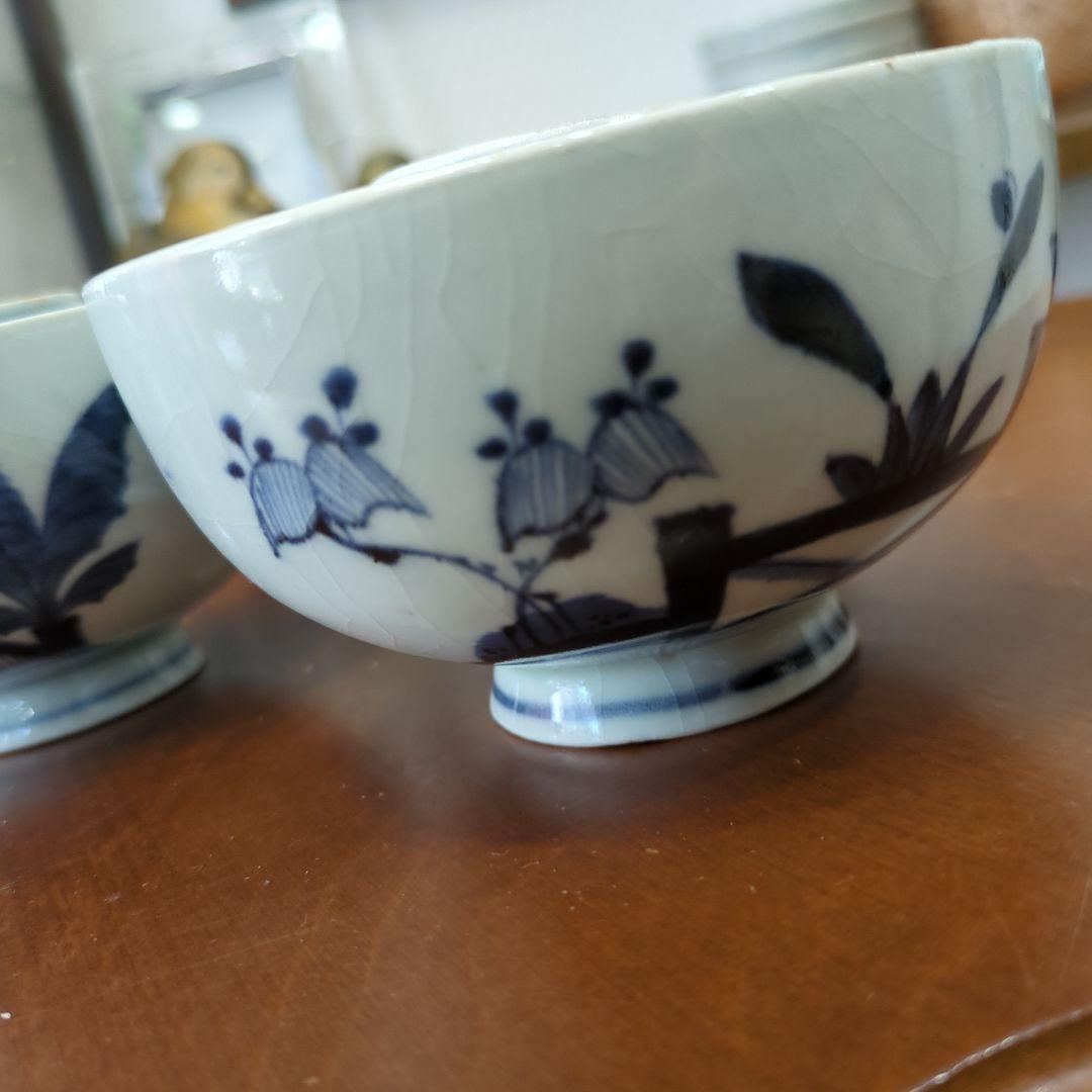 骨董　古伊万里　染め付け　蓋付き　茶碗　向付　アンティーク　5つ