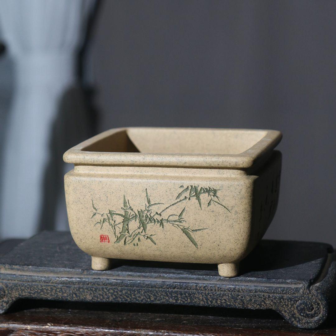 四方刻絵竹子紫砂鉢 大盆栽 小盆栽 多肉植物鉢