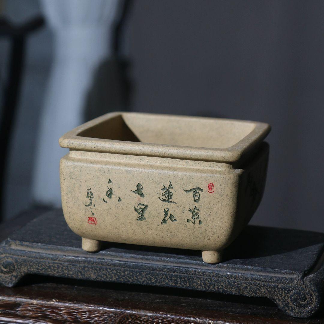 四方刻絵竹子紫砂鉢 大盆栽 小盆栽 多肉植物鉢