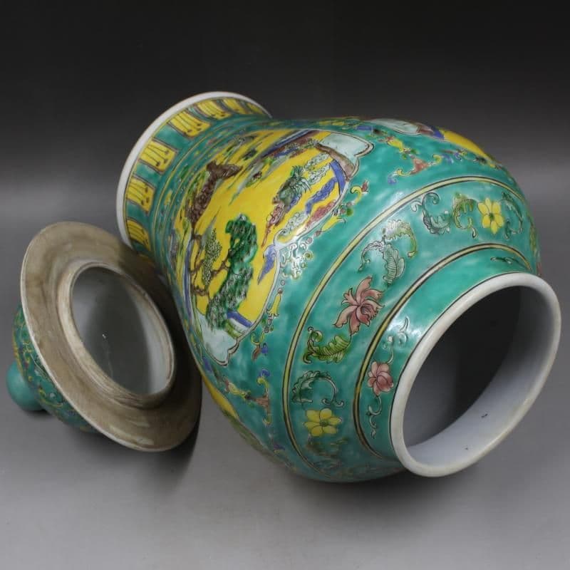 緑地パステル人物松鶴将軍缶 景徳鎮 陶磁器 装飾品 現代工芸品 美術品 置物