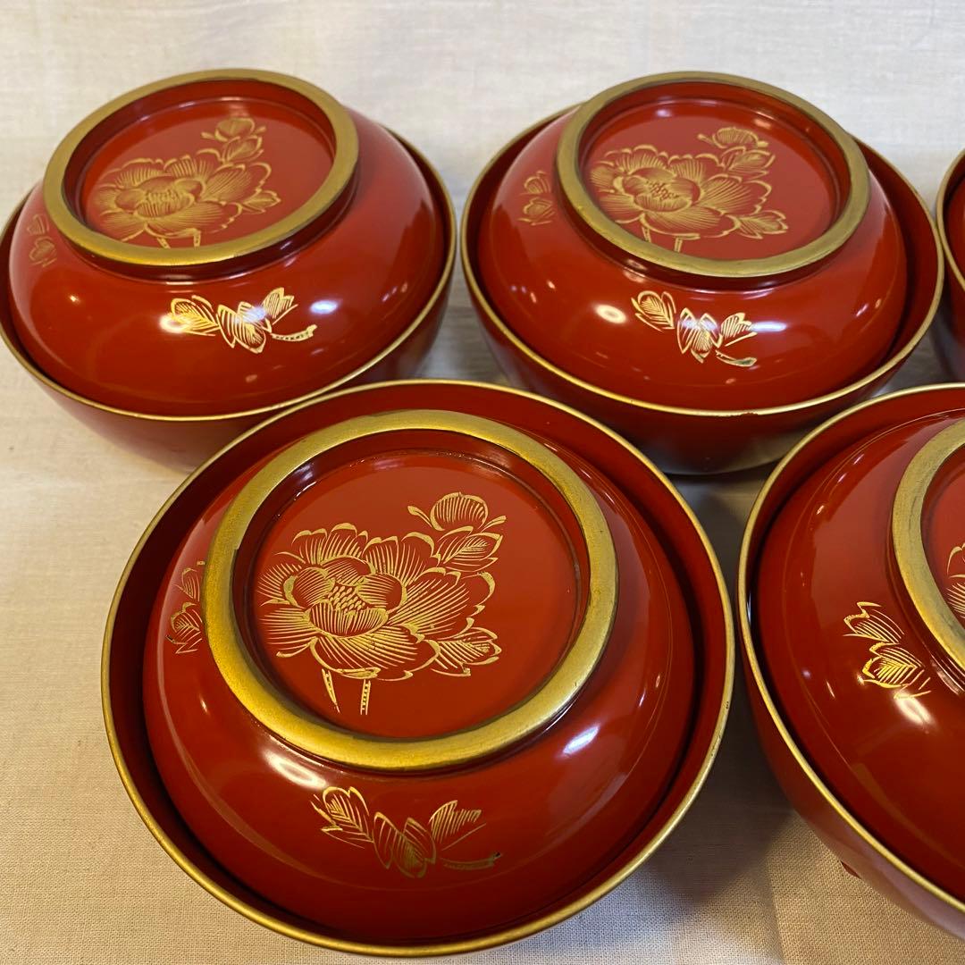 輪島塗　汁椀　金蒔絵　蒔絵　木製　牡丹蝶文　5客