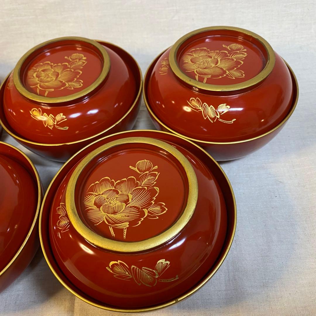輪島塗　汁椀　金蒔絵　蒔絵　木製　牡丹蝶文　5客