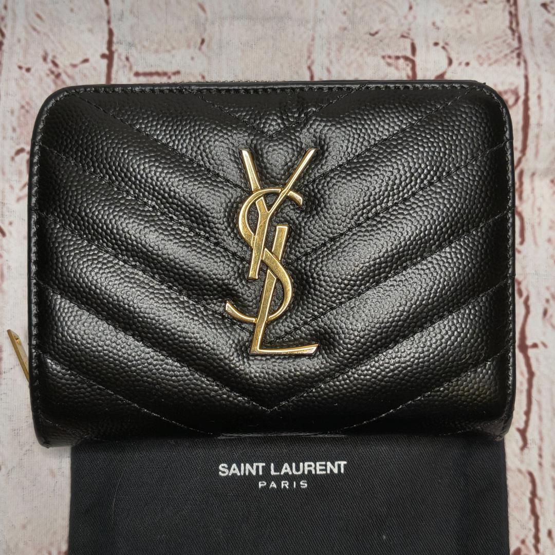 【現行／美品】サンローラン 折り財布 カサンドラ キルティングレザーYSL／黒A