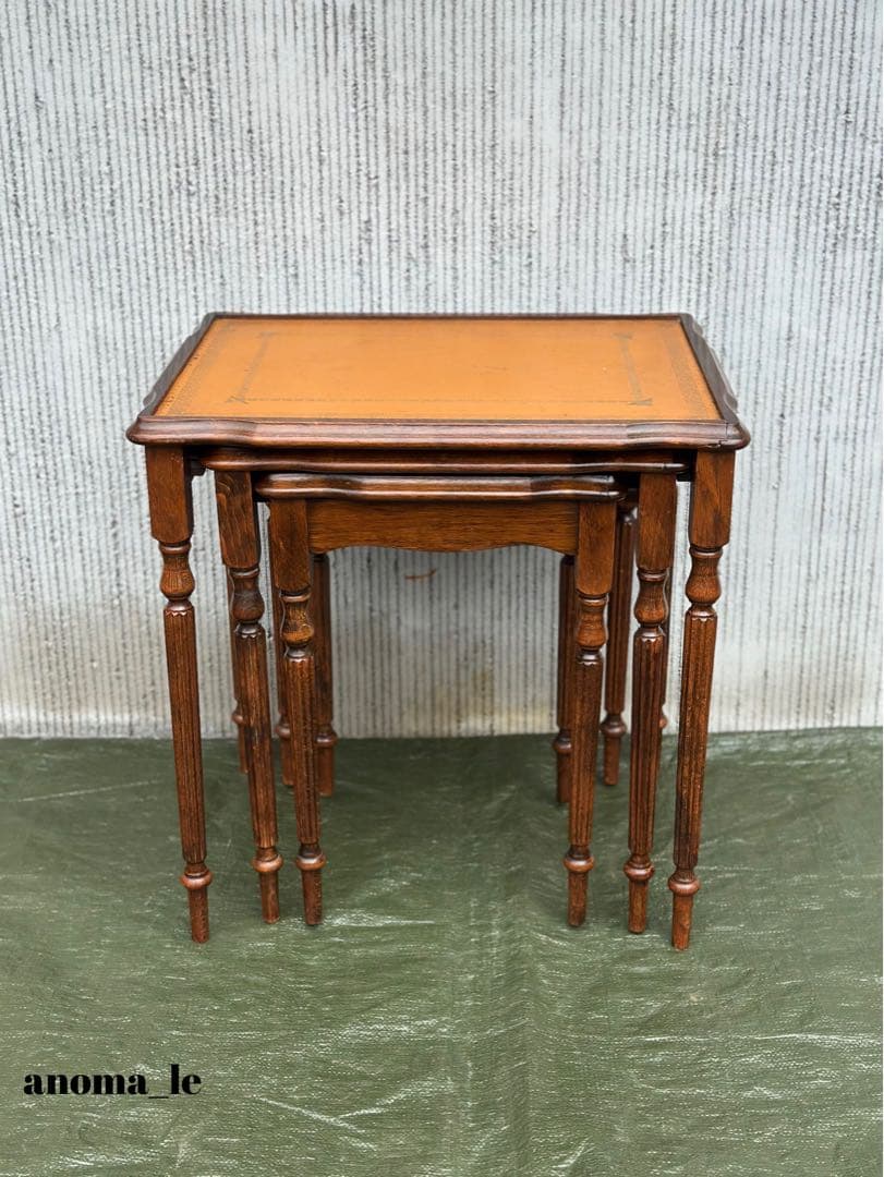【ネストテーブル】木製　リーデッドレッグ　レザートップ　オケージョナル