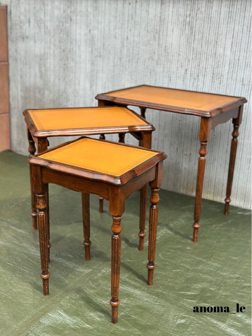 【ネストテーブル】木製　リーデッドレッグ　レザートップ　オケージョナル