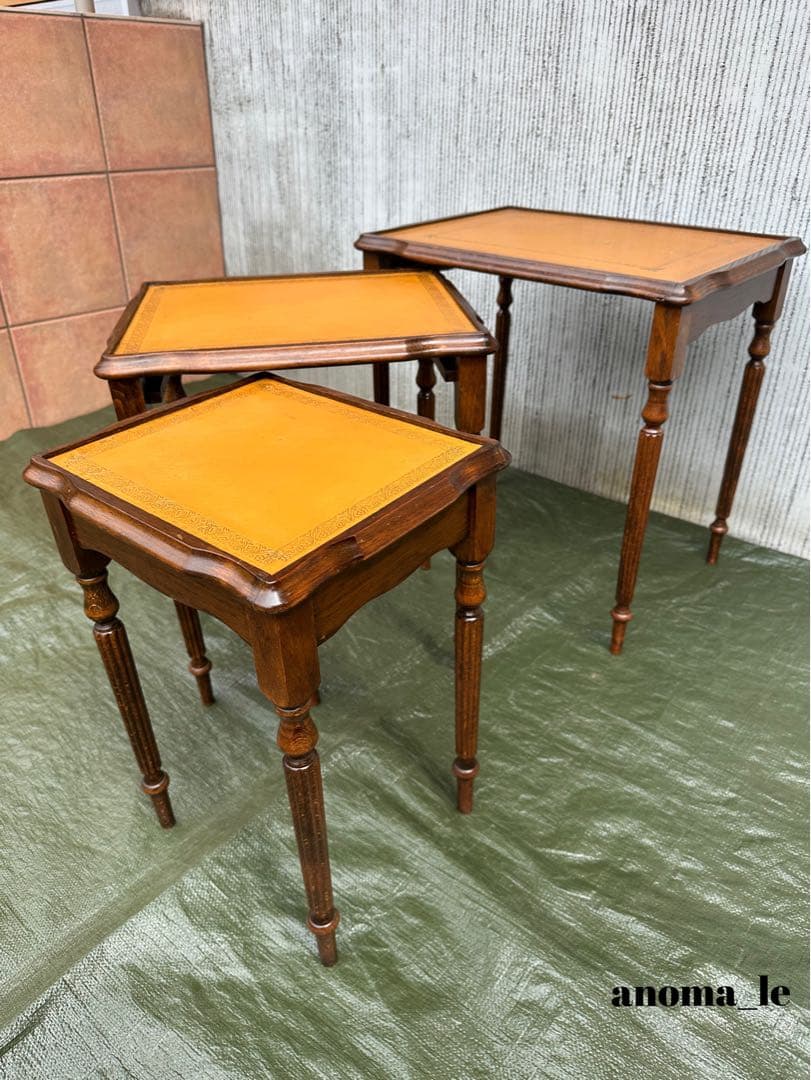 【ネストテーブル】木製　リーデッドレッグ　レザートップ　オケージョナル