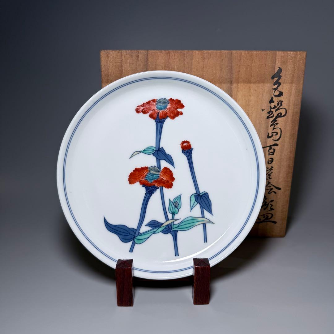 無形文化財　十二代　今泉今右衛門　色鍋島百日草絵飾皿　共箱　栞　完品