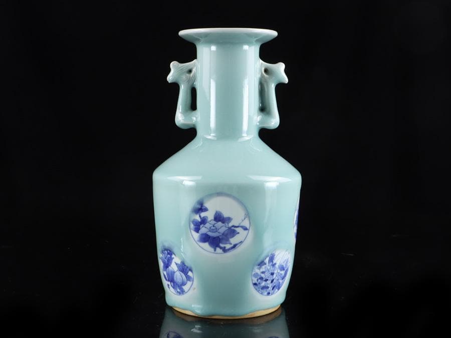 Y2463 時代物 中国 青磁 染付 青花獣双耳瓶 大花瓶 高さ26㎝