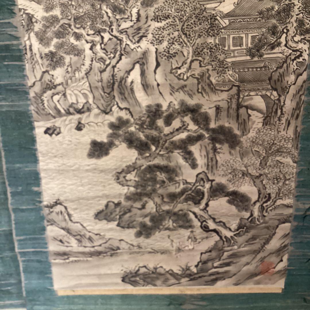 狩野山楽　【紙本水墨画双幅　楼閣山水図】　共箱　　掛軸双幅　　軸先は骨　稀有品