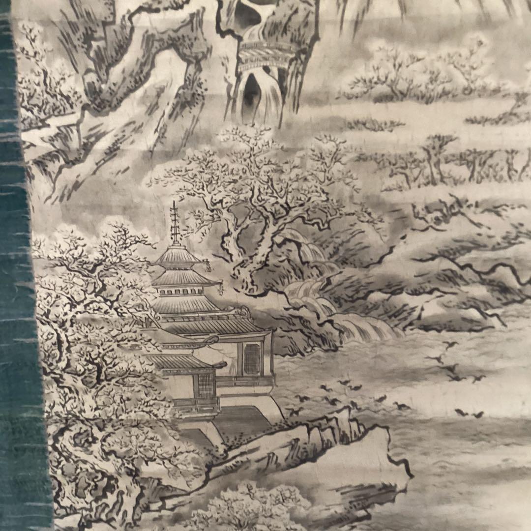 狩野山楽　【紙本水墨画双幅　楼閣山水図】　共箱　　掛軸双幅　　軸先は骨　稀有品