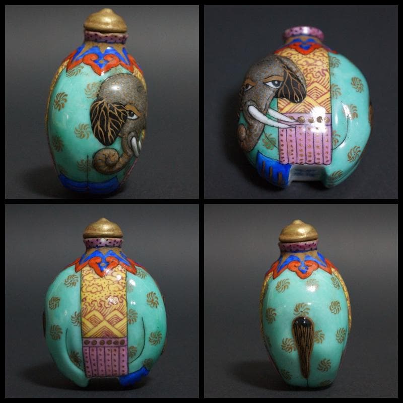 清 乾隆年製 陶胎珐琅(エナメル)彩色絵 造形『太平有象』鼻煙壷嗅ぎタバコ喫煙具