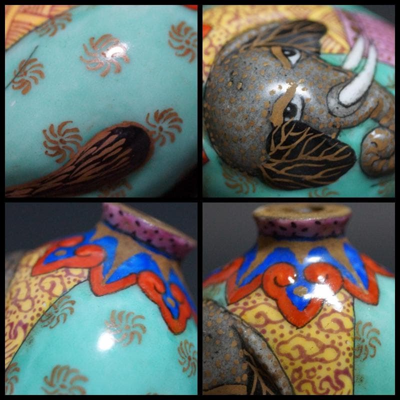 清 乾隆年製 陶胎珐琅(エナメル)彩色絵 造形『太平有象』鼻煙壷嗅ぎタバコ喫煙具