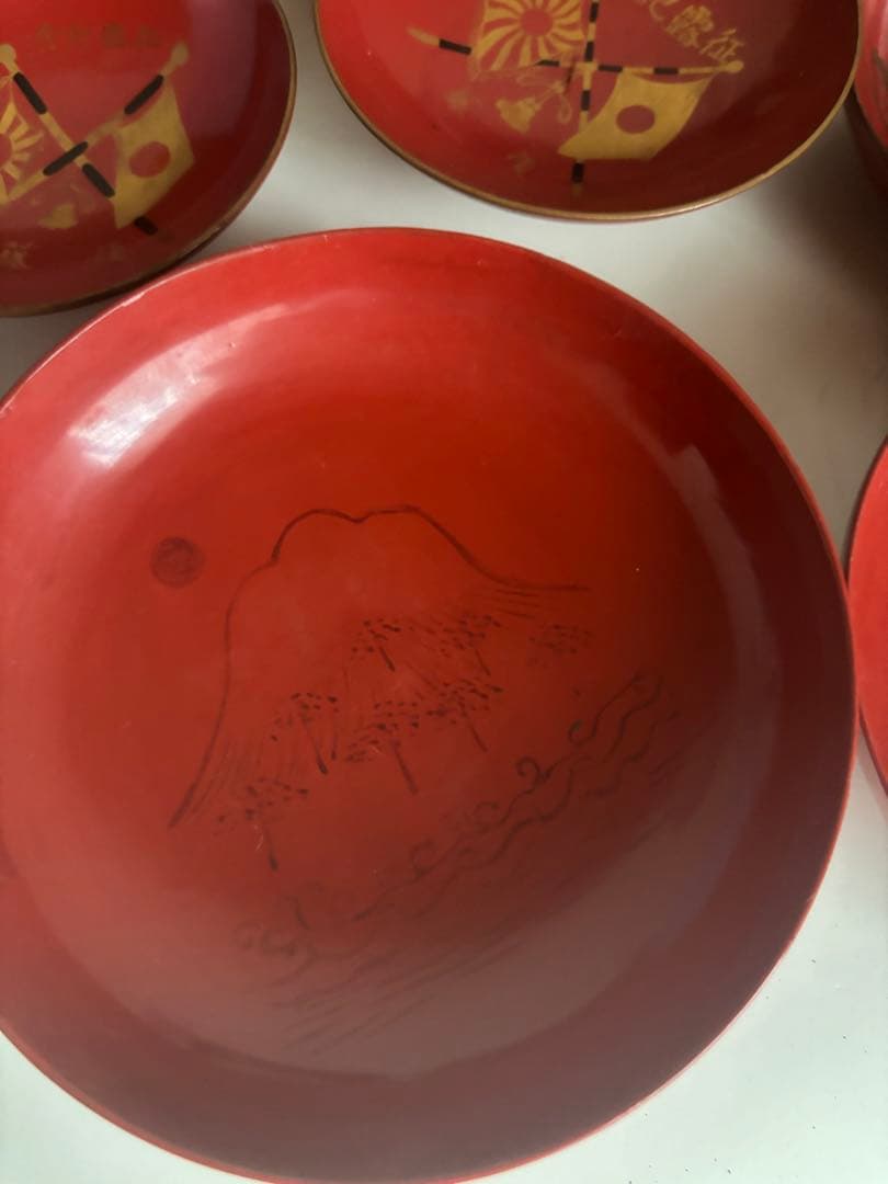 ビンテージ！古道具！推定　明治　征露記念　漆　盃　セット　木箱入り　10個　台