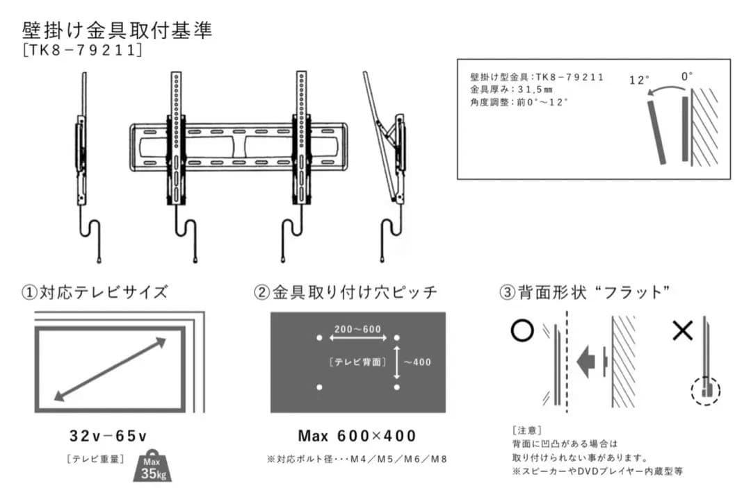 【新品未使用】 壁掛け金具 65インチ対応 チルト式
