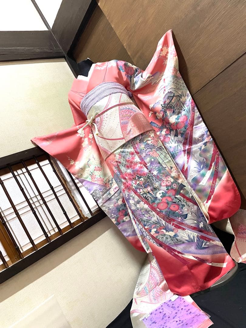 振袖 フルセット6点サイズM〜Ｌ駒刺繍　御所車花文　暈し染め　金彩正絹